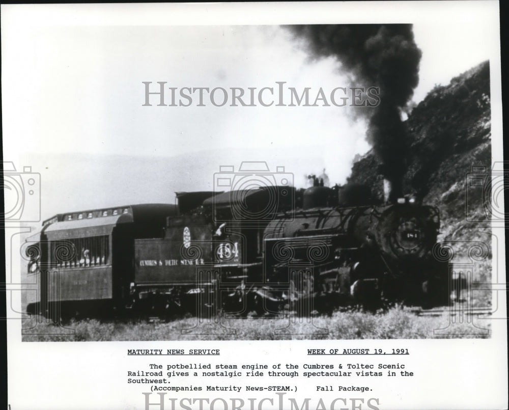 1991 Press Photo The potbellied steam engine of the Cumbres &amp; Toltec Scenic Rail - Historic Images