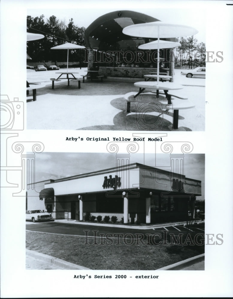 1989 Press Photo Arby&#39;s Original Yellow Roof Model &amp; Series 2000 exterior - Historic Images