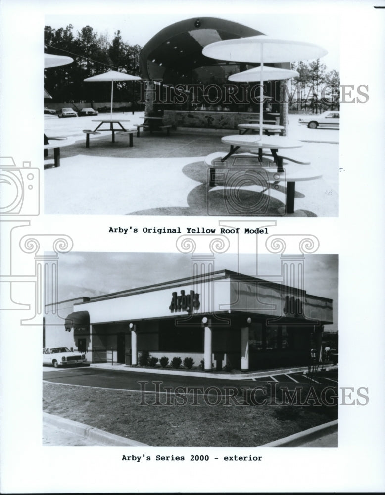 1989 Press Photo Arby's Original Yellow Roof Model & Series 2000 exterior - Historic Images