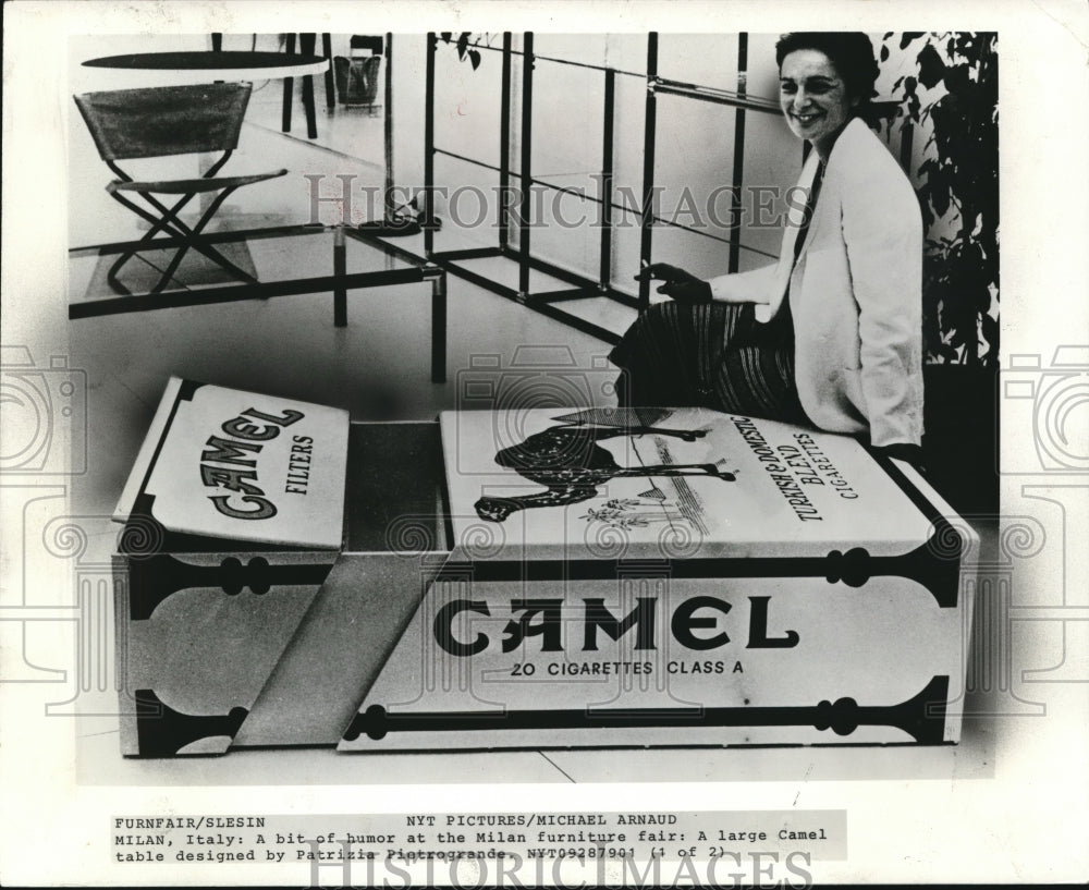 1980 Press Photo Large camel table by Patrizia Piatrogrande at Milan fair - Historic Images