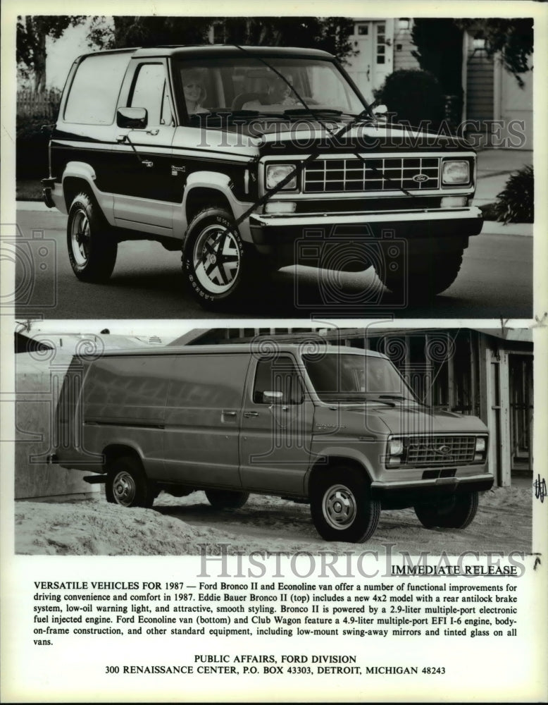 1986 Press Photo Ford Bronco II and Econoline van - Historic Images