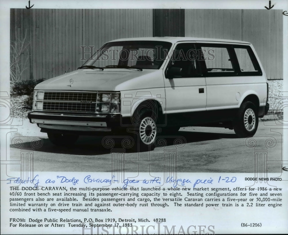 1986 Press Photo The Dodge caravan, multi purpose vehicle - Historic Images