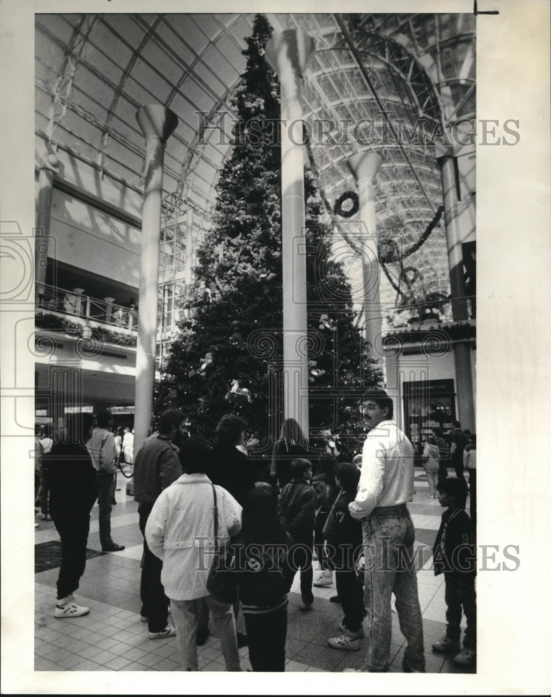 1989 Press Photo Family admiring Galeria Tree - Historic Images