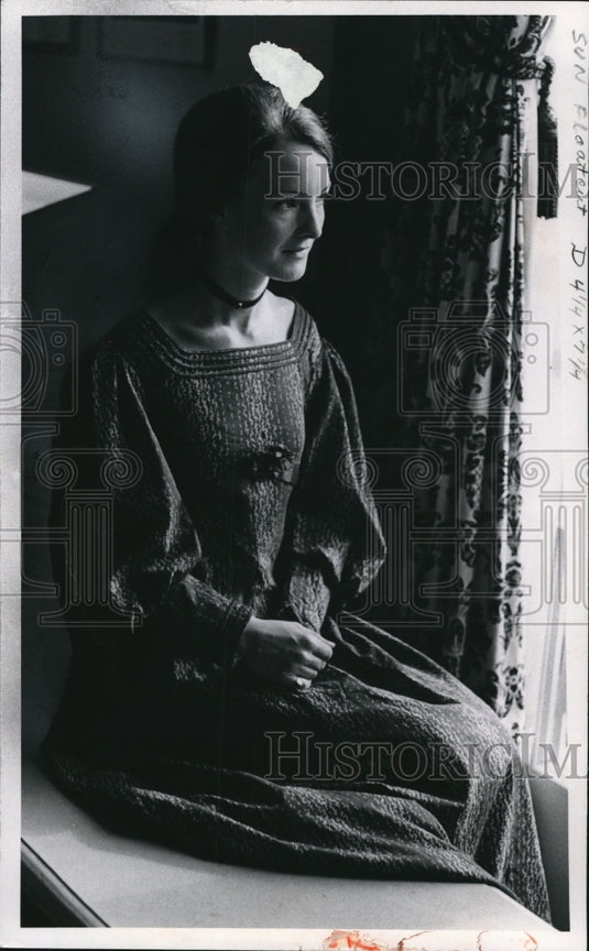 1970 Carolyn Thompson wears a brown and white challis gown from 1800 - Historic Images