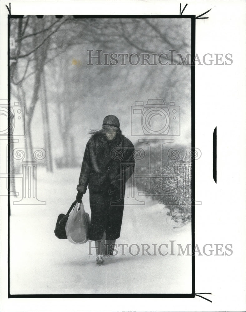 1988 Press Photo Denise Gooden walks thru the snow during the winter - Historic Images