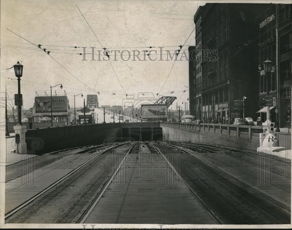 1945 View of Superior Ave. Trolley Ramp under High Level bridge - Historic Images