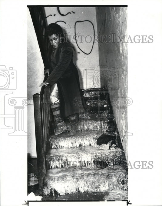 1985 Press Photo Dorothy Scott descending on the frozen stairway of her apts - Historic Images