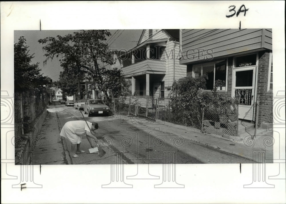 1983 Press Photo Neighborhood clean alleys lady sweeps up trash in the Fairview - Historic Images