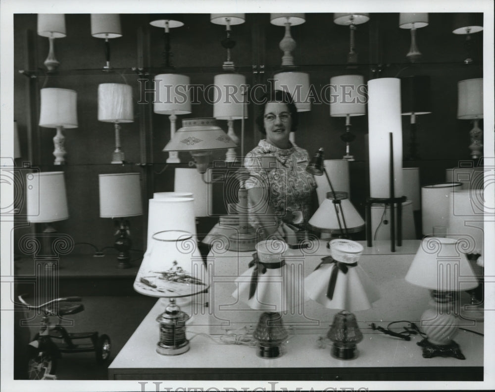 1969, Catherine Golayda at Lampshade Section in Top Value Redemption - Historic Images