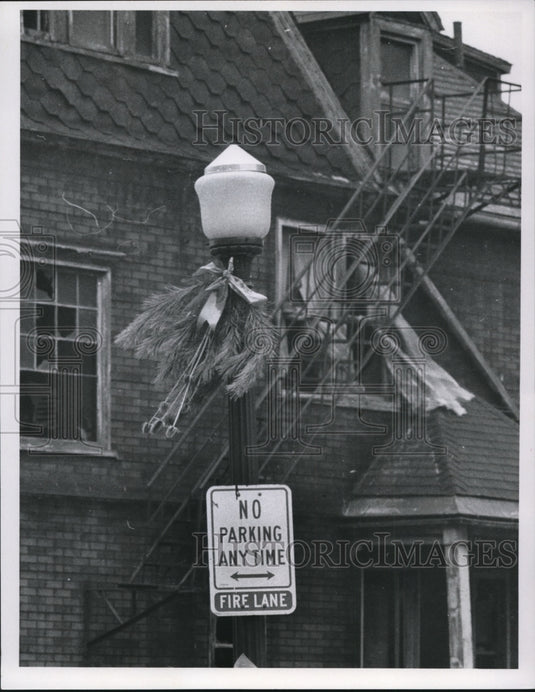 1966 Holiday Swag on Lamp Pole in 1700Block Brookline Ave  - Historic Images