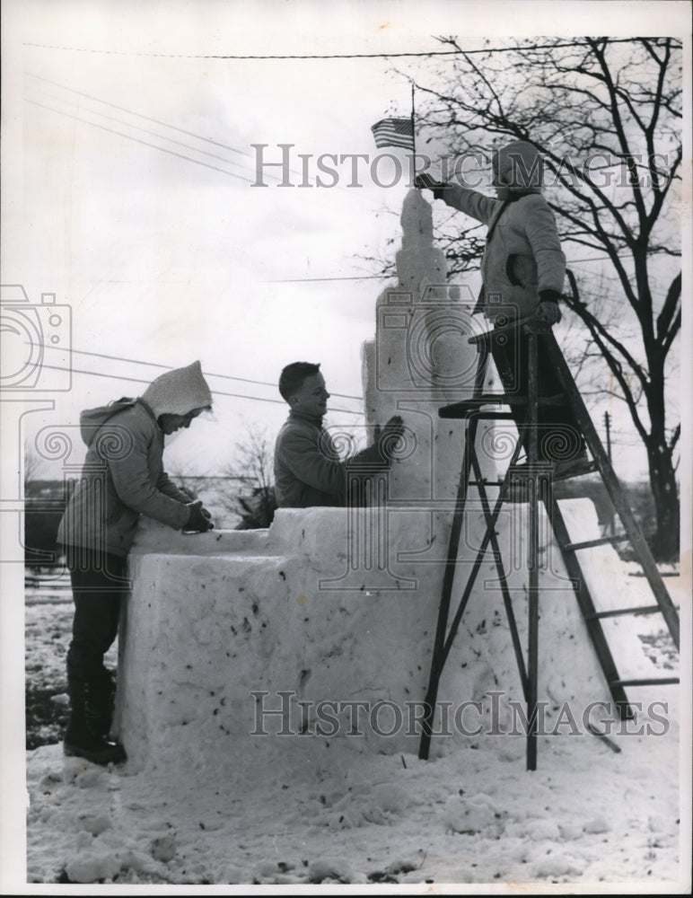 1963 Press Photo Steve,Joe and Ted Build Snow Replica of Terminal Tower - Historic Images