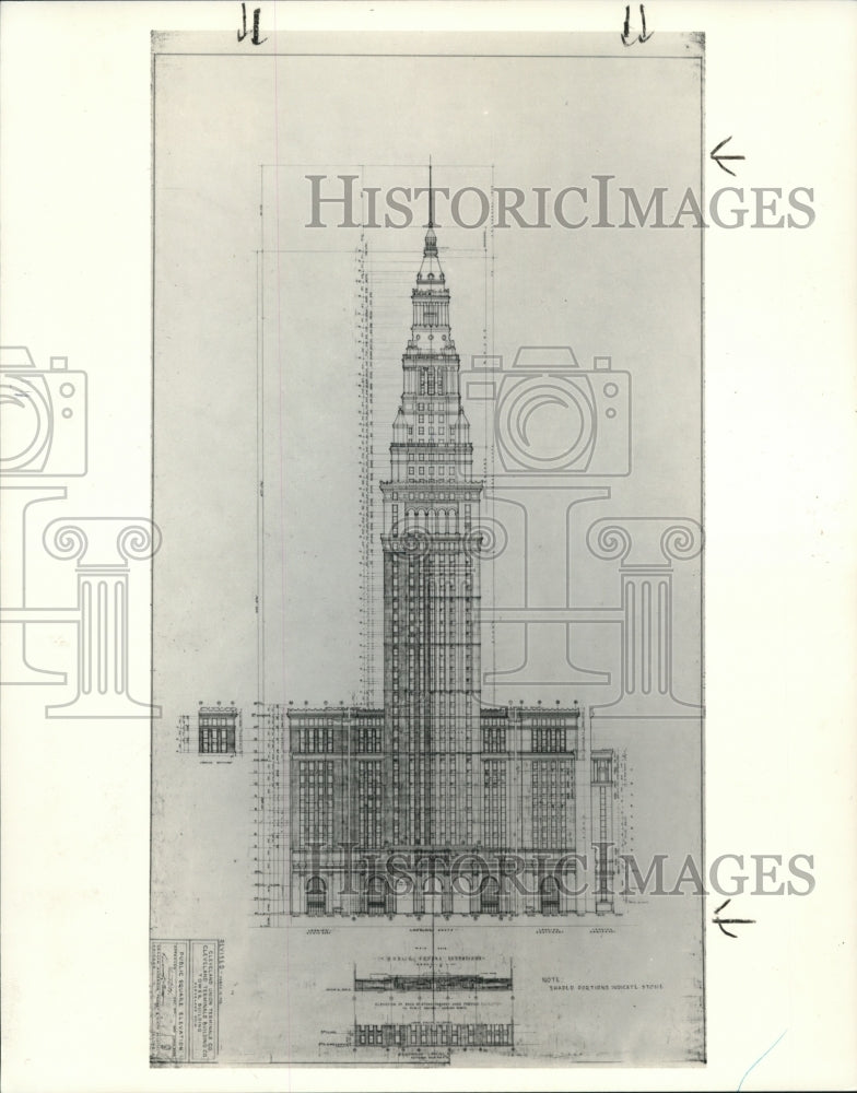 1986 Press Photo Original Linen plan for the Terminal Tower - Historic Images