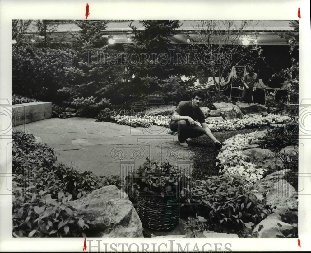 1985 Press Photo Jensen&#39;s Rob Welch filling in mulch during the flower show - Historic Images