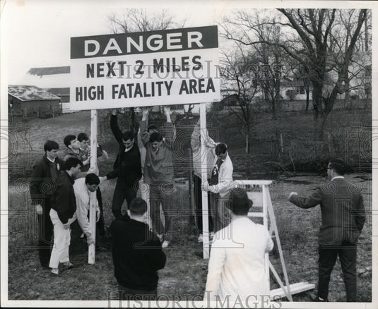 1966, Miami University Student Erect High Fatality Area Sign Ohio 73 - Historic Images