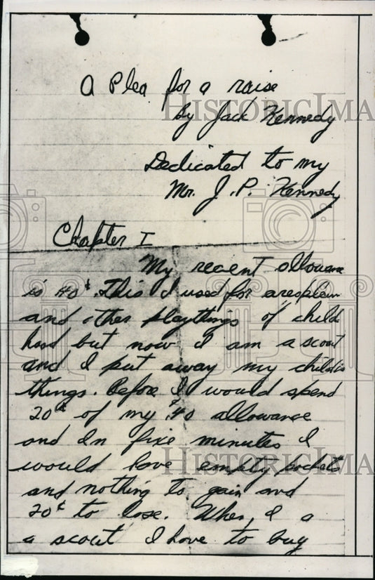 Press Photo Jack Kennedy writes plea letter for a raise in his allowance. - Historic Images