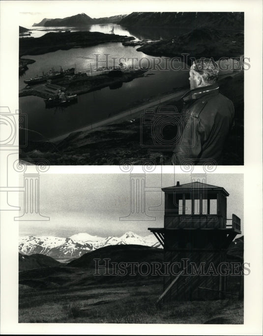 Press Photo Bud Bodding atop Bunker Hill on the island of Unalaska. - Historic Images