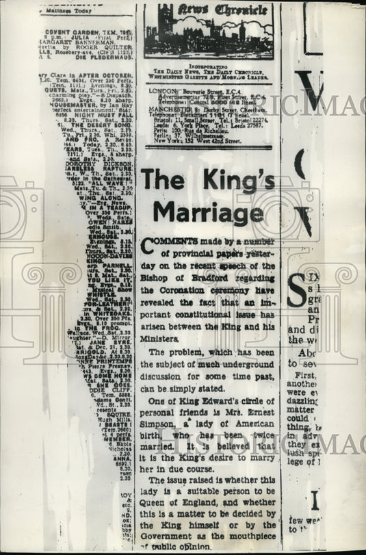 1936 Press Photo The "News Chronicle" commenting on Duke of Windsor romance. - Historic Images