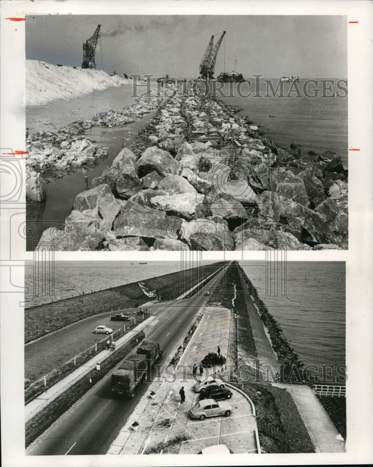 1976 Press Photo Construction of a perimeter dike in Zuider Zee, Holland. - Historic Images