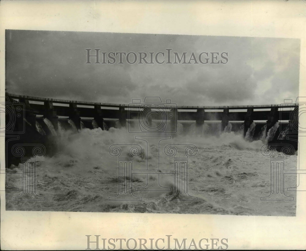 1931, Gatun Dam gates open during sixty-hour rainfall, Panama Canal. - Historic Images