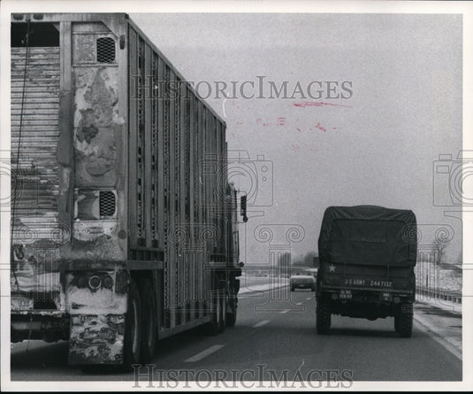 1974 I71 A Semi Rig passes a National Guard Truck North of Rt 3-Historic Images