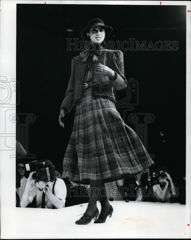 Press Photo Regal suit with pleated wool skirt of emboridural neckline jacket - Historic Images