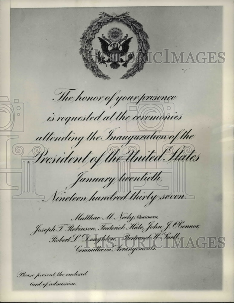 1937 Press Photo Invitation to second Inaugural of President Franklin Roosevelt - Historic Images