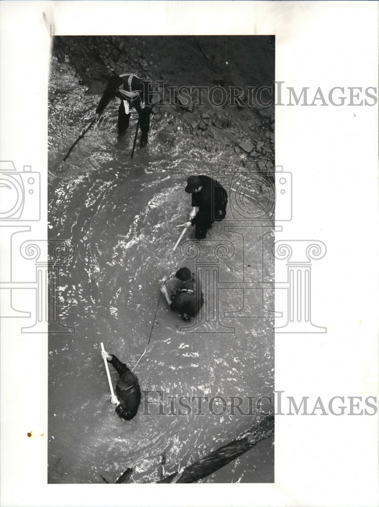 1987 Press Photo Members of the Parma Swat Team probe the Big Creek near Strumph - Historic Images