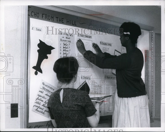 1966 Press Photo Hanging papers on a board in the Blossom Hill School for Girls - Historic Images