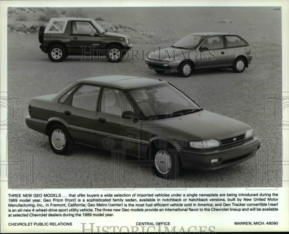 1989 Press Photo Three new Geo models, Geo Prizm, Geo metro and Tracker - Historic Images