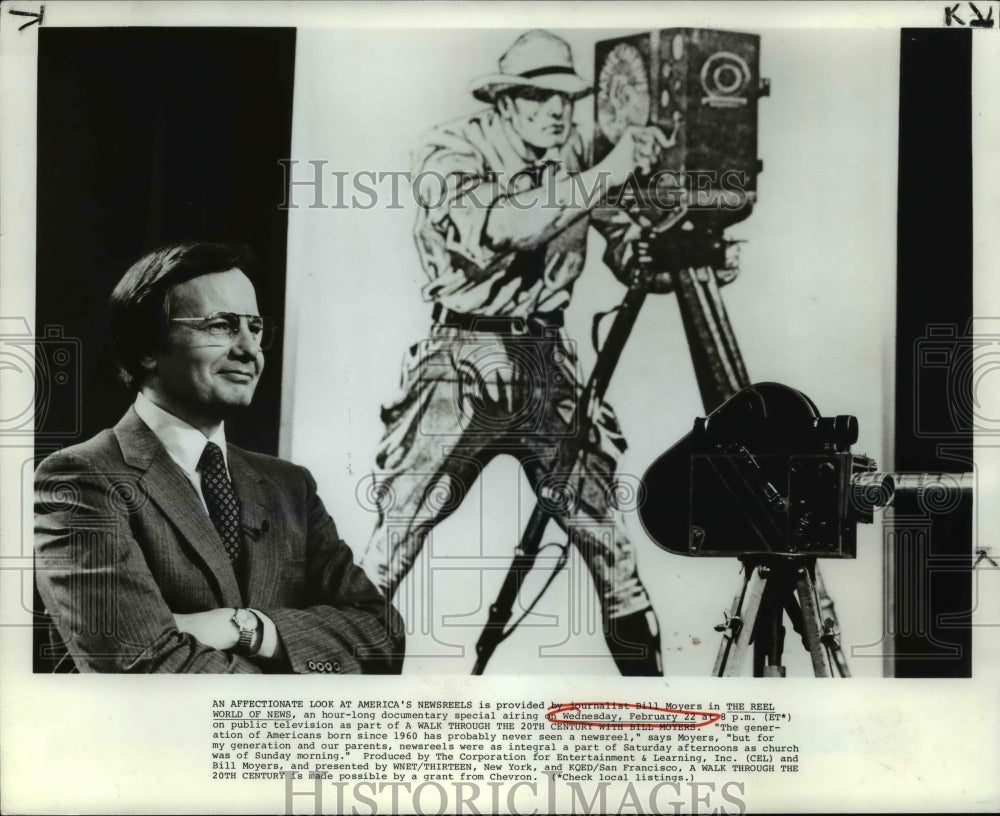 1984 Press Photo Bill Moyer in a America's Newsreels in "The Reel World of News" - Historic Images