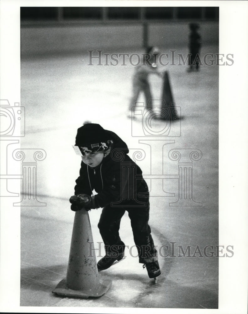 1989, Eric Heine, age 3 of Lakewood a tot skater uses cone. - Historic Images