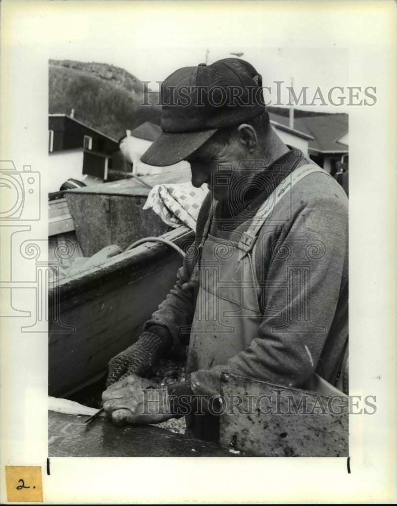 1986 Press Photo Fisherman trims his fish on beach at Perce. - cvb19154 - Historic Images