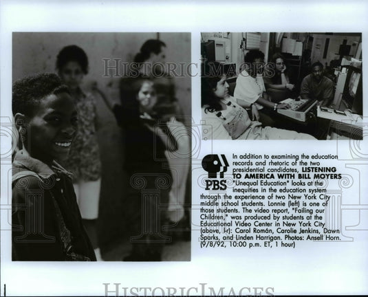 1992 Press Photo Listening to America with Bill Moyers "Unequal Education" - Historic Images