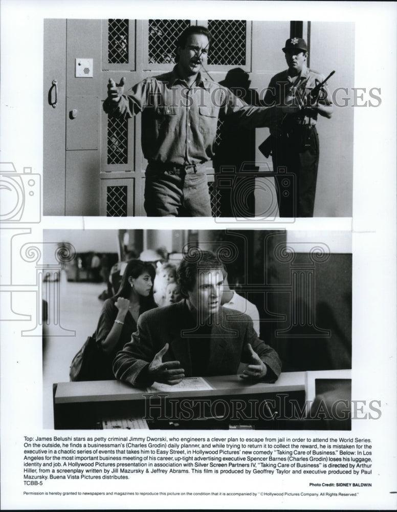 1990 Press Photo James Belushi, Charles Grodin in Taking Care of Business - Historic Images