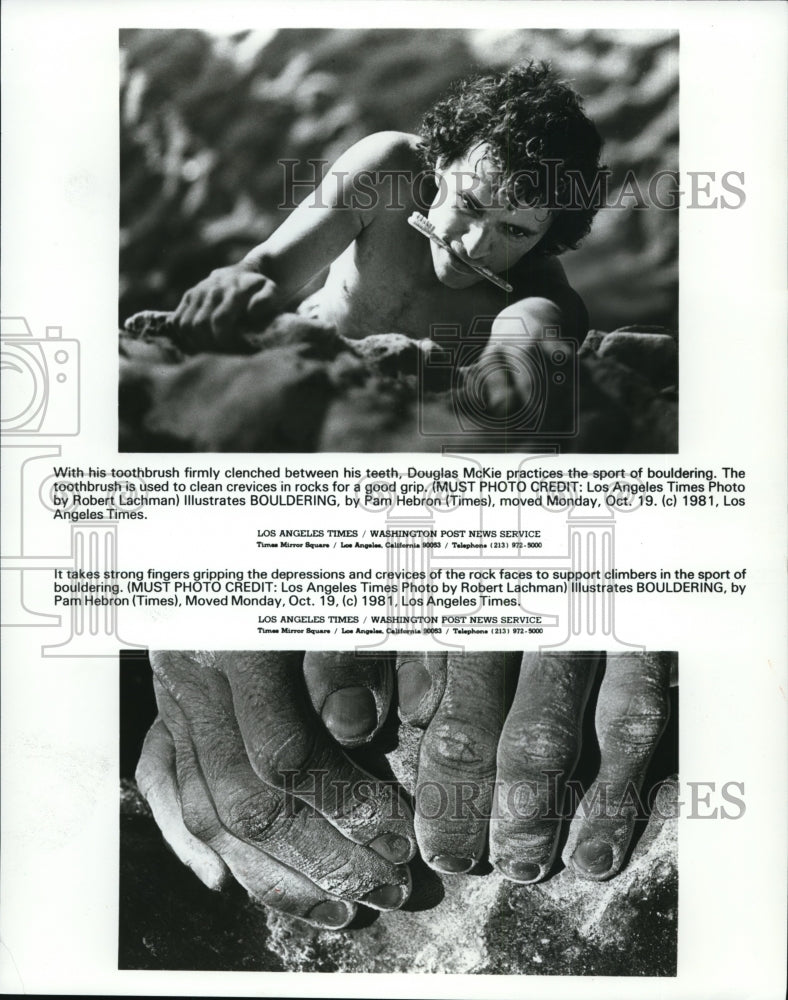 1981 Press Photo Douglas McKIe practices the sport of bouldering - cvb21561 - Historic Images