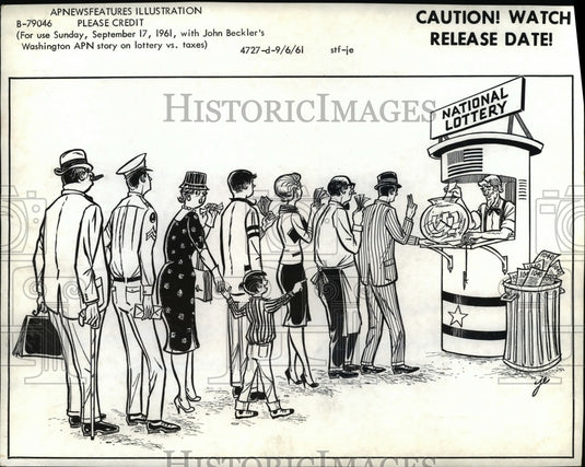 1961, Cartoon on using the national lottery and education system - Historic Images