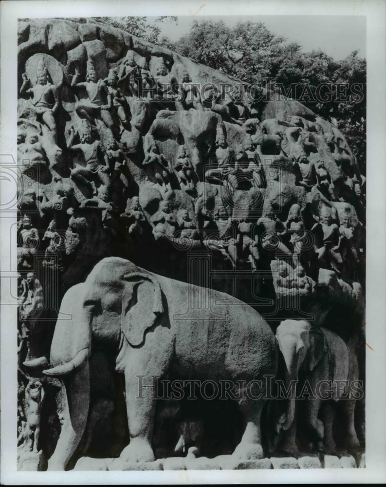 1972 Stone cut masterpiece, Pachyderm Parade, in Mahabalipuram India-Historic Images