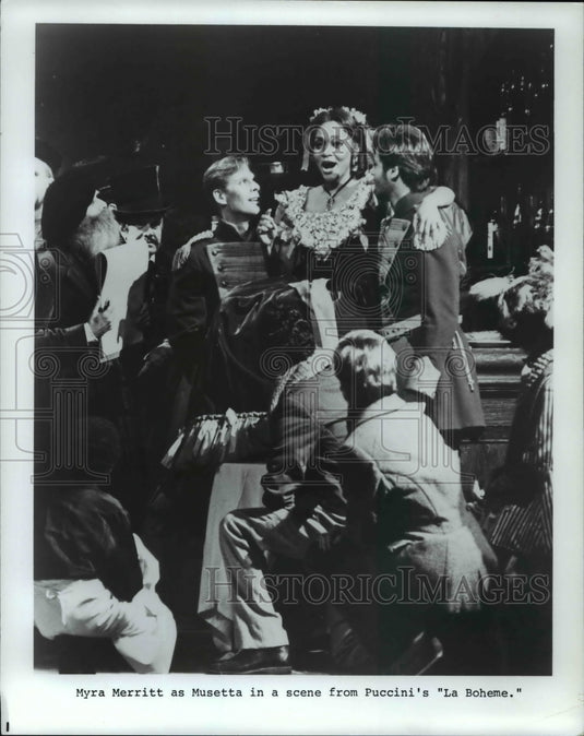 1985 Press Photo Myra Merritt as Musetta in a scene from Puccini's La Boheme - Historic Images
