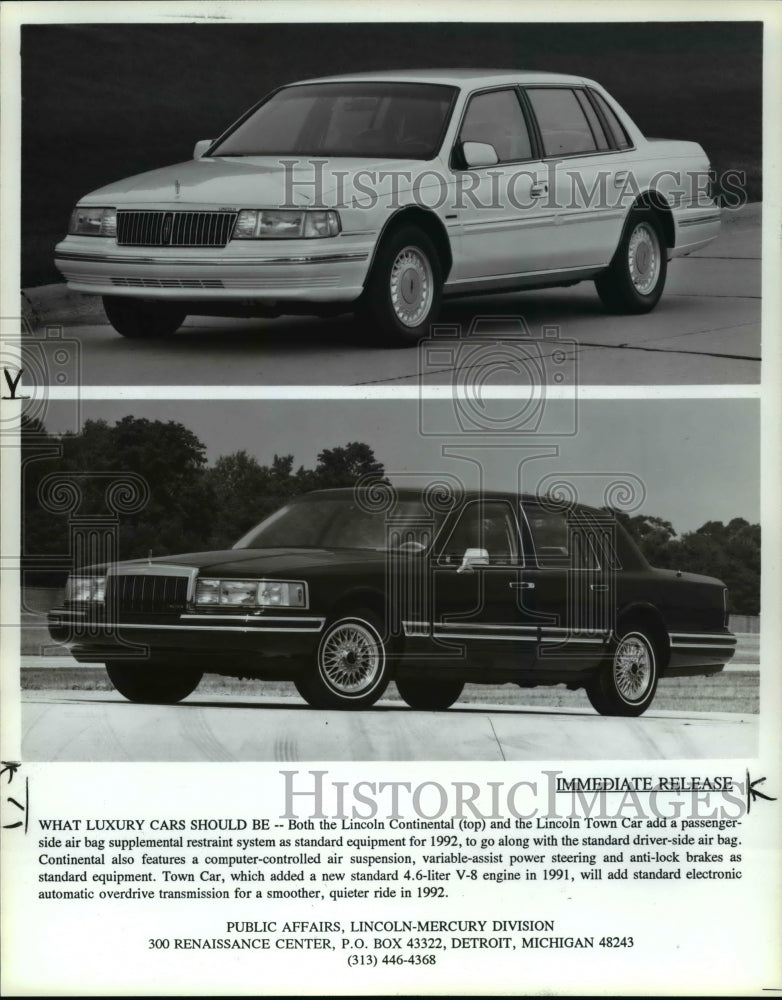 1992 Press Photo Photos of 1991 Lincoln Continental(top) and Lincoln Town Car - Historic Images