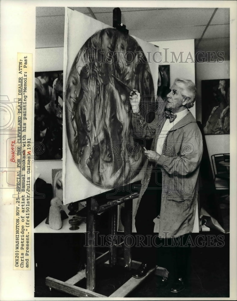 1982 Press Photo Artist, Samuel Bookash w/his painting &quot;Memoir: Past &amp; Present.&quot; - Historic Images