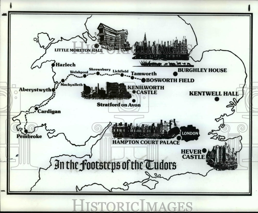 1985 Press Photo Map Of England Footsteps Of The Tudors - cvb24454 - Historic Images