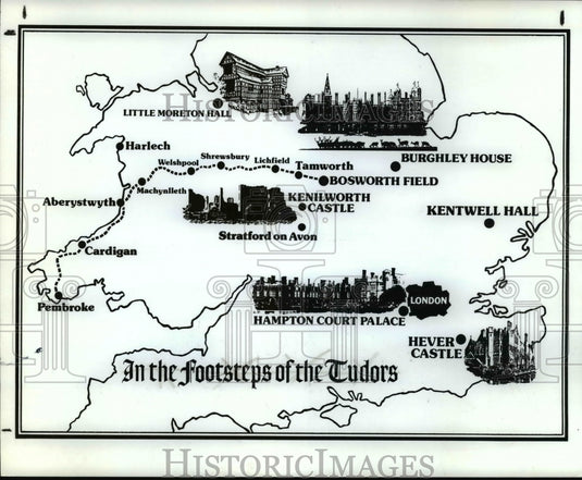1985 Press Photo Map Of England Footsteps Of The Tudors - cvb24454 - Historic Images