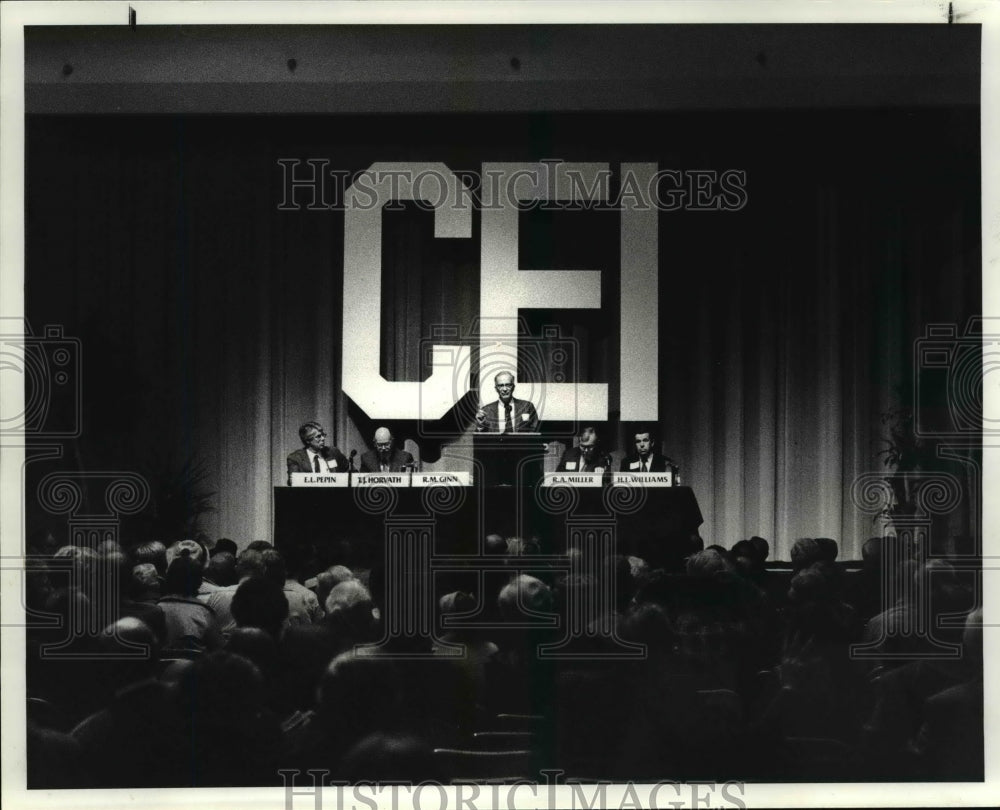 1984 Press Photo: CEI Board Chairman Robert M. Ginn addresses shareholders - Historic Images