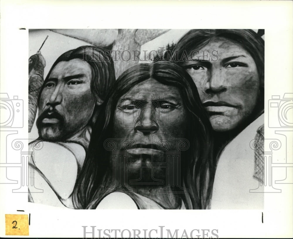 1986 Press Photo Paul Ygartua&#39;s powerful painting of three Chemainus-area native - Historic Images