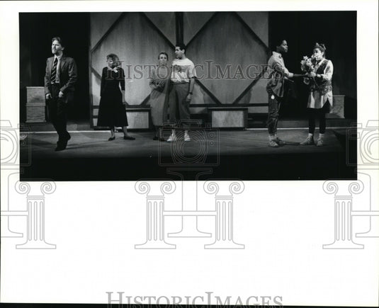 1990 Press Photo Cast members rehearse a scene from the musical Baby Ensemble's - Historic Images