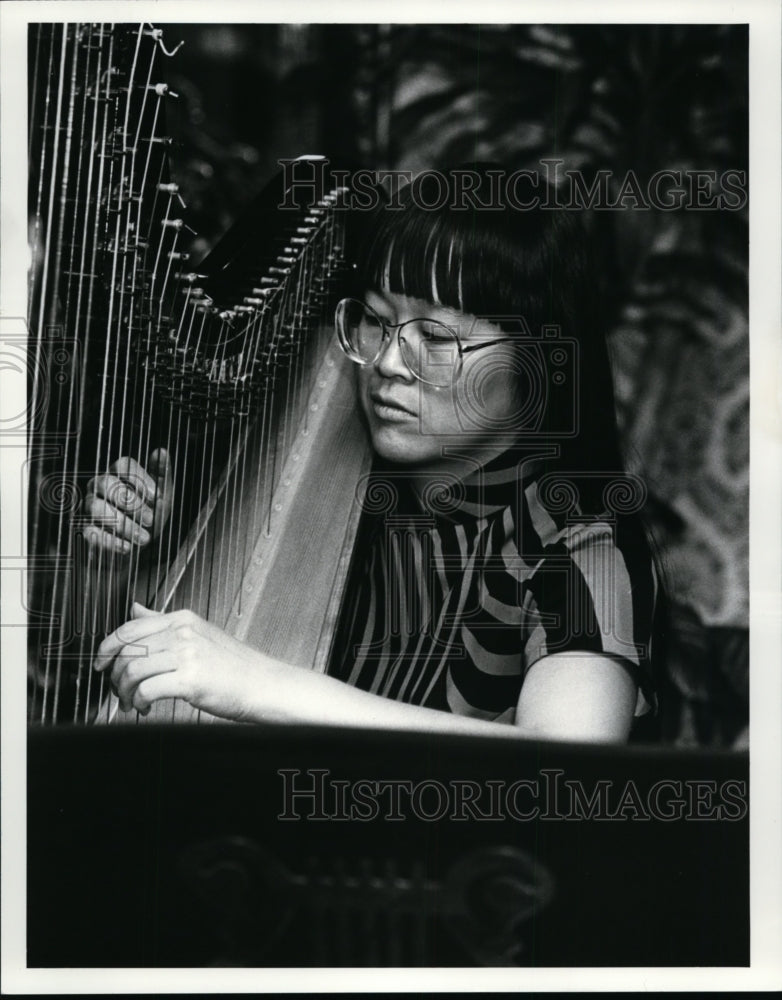 1986 Press Photo Jocelyn Chang, Harpist at the Cardon Rouge Restaurant - Historic Images