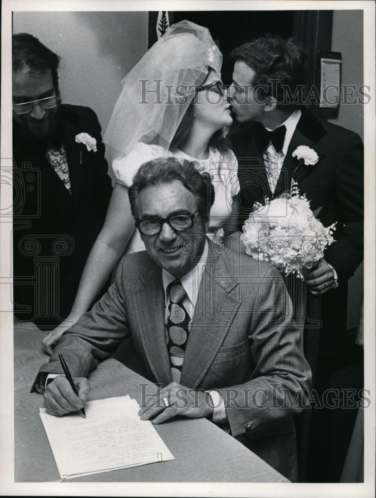 1973, Mayor Perk with newly married couple he just married - Historic Images