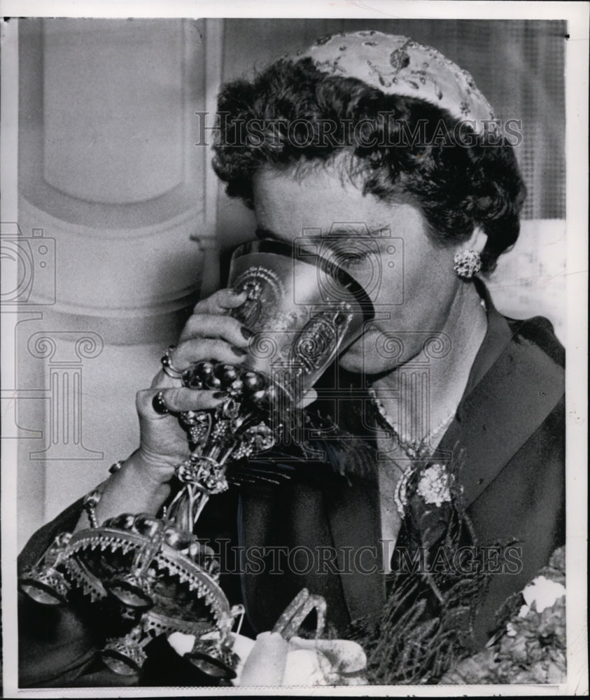 1956 Queen Frederika of Greece, samples Rhine Wine at Ruedesheim-Historic Images