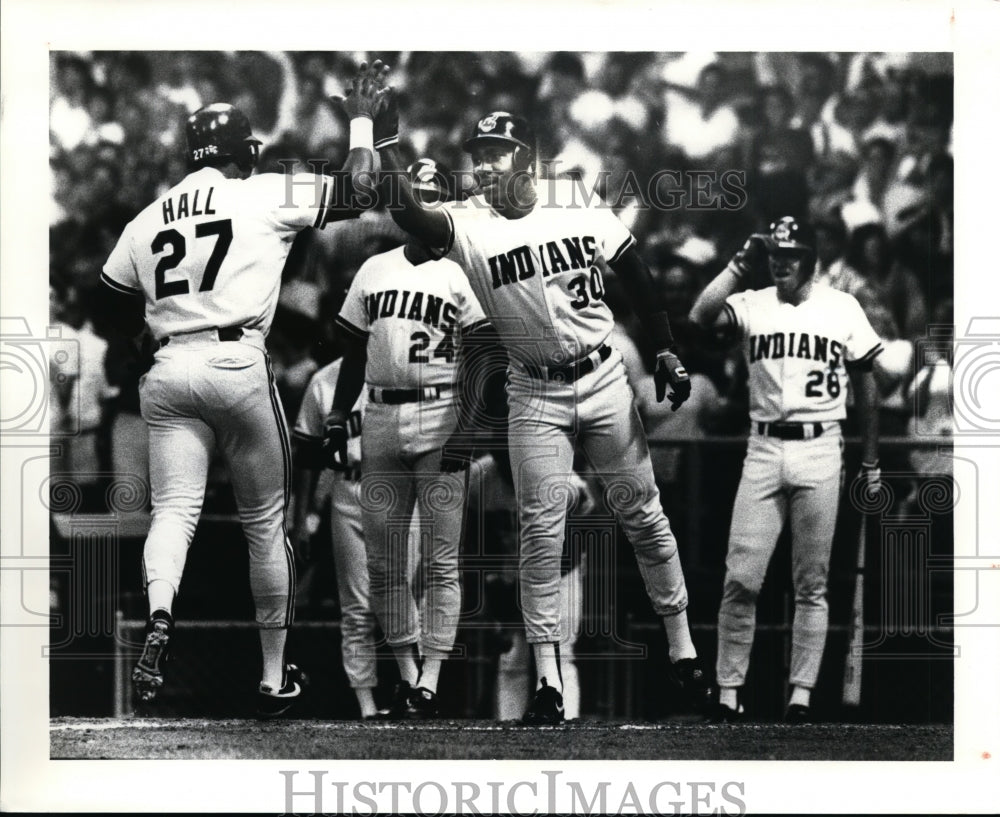 1988 Press Photo Mell Hall is congratulated at plate after 3 run homer - Historic Images