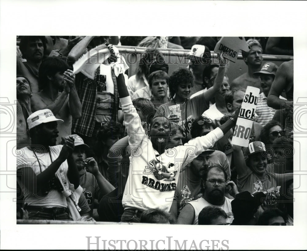 1987 Press Photo The end zone crowd goes crazy as the Browns score against Pitts - Historic Images